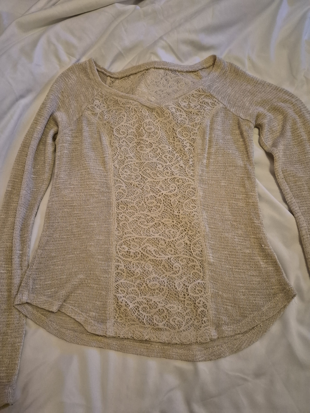 No Boundaries Beige Lace Knit Shimmer Sweater Women’s Medium Soft Girl Top - Picture 2 of 5
